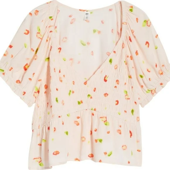 BP. Babydoll Shirred Pink Floral Smocked Short Sleeve Peplum Crop Top Multicolor - Picture 13 of 13